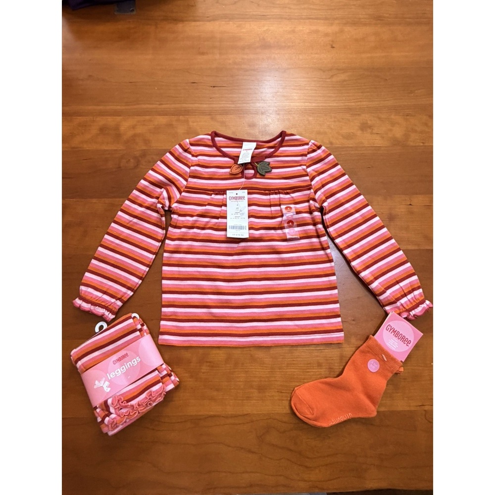 Gymboree Girls Sz 4 Long Sleeve Striped Crew Neck T-Shirt W/Tights & Socks Match